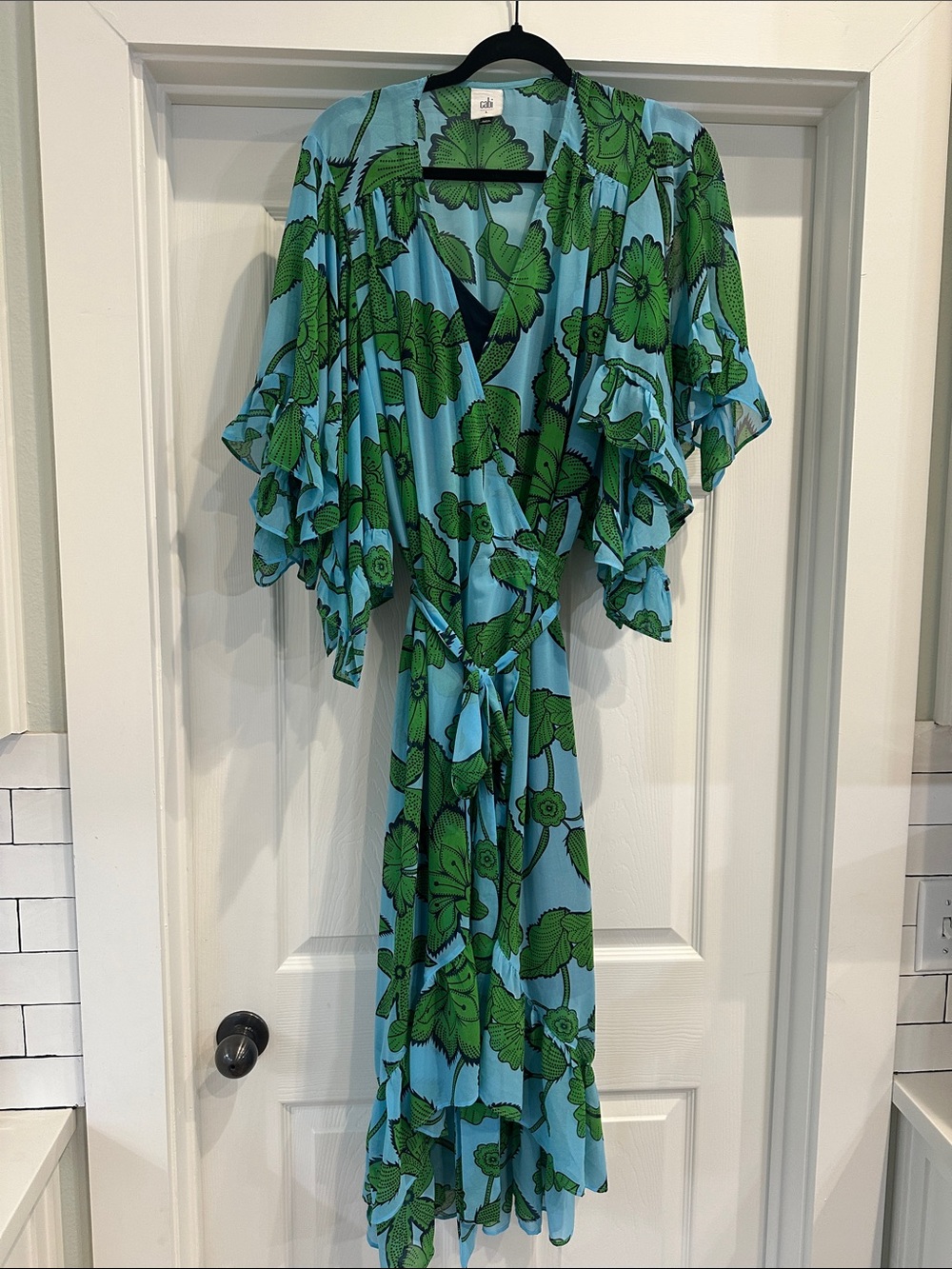CAbi Green & Aqua Botanical Silk-Feel wrap Dress! - Picture 3 of 6